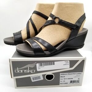 Dansko Women Addyson Glazed Wedge Sandals Sz 41 US 10 - 10.5 Kid Leather Black
